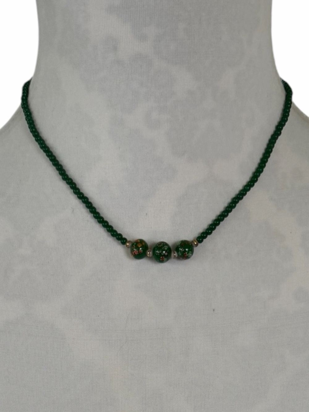 Vintage Japanese Tombo Green Glass Bead Necklace – Millefiori Accent Beads